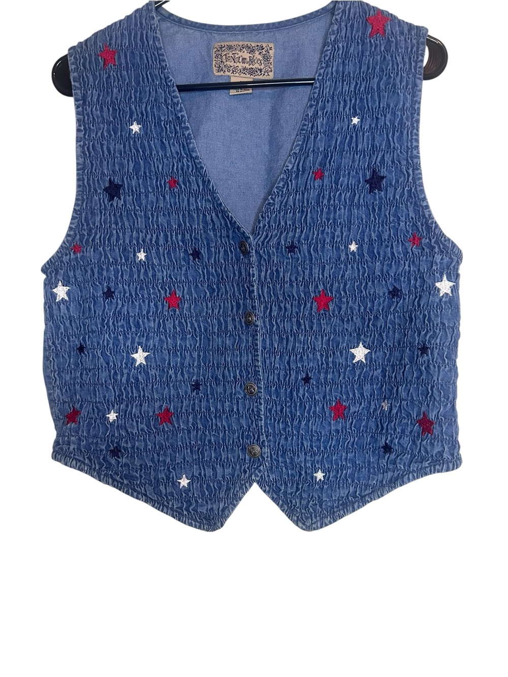100% Cotton Blue Star-Embroidered Women's Quilted Denim Vest - Vintage